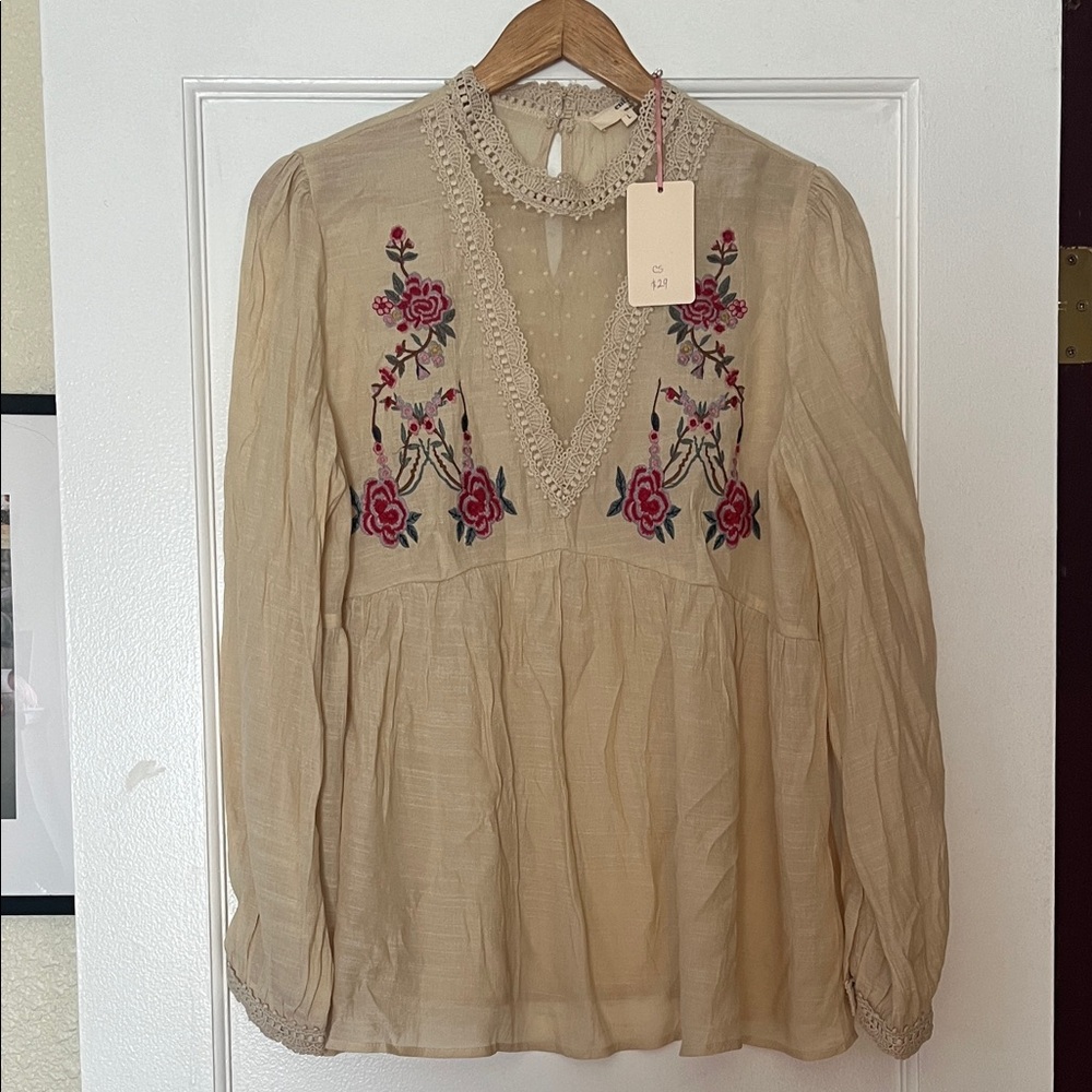 Women's Beige Embroidered V-Neck Blouse